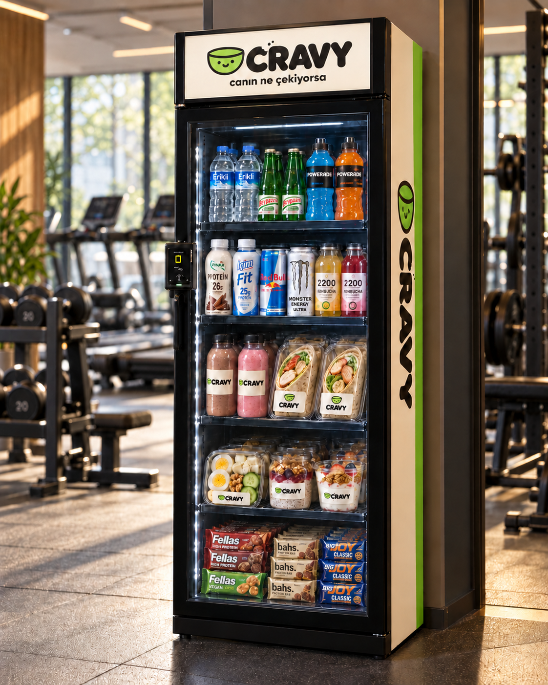 Modern spor salonunda CRAVY ürünleriyle dolu akıllı dolap