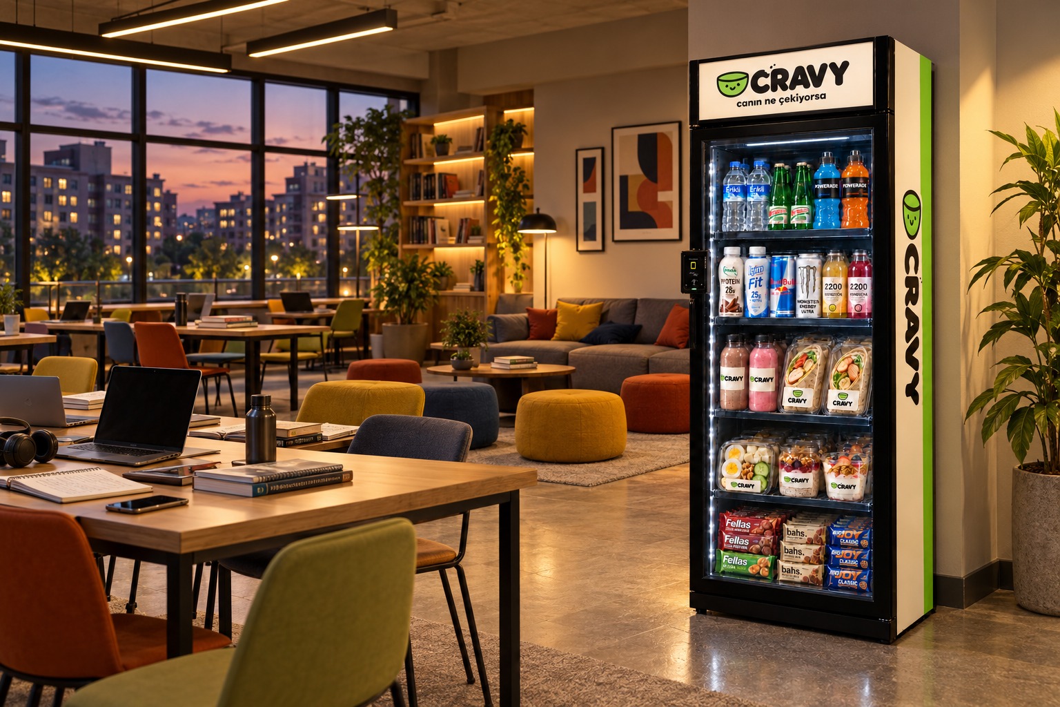 Öğrenci yurdunun ortak çalışma ve dinlenme salonunda CRAVY akıllı dolap